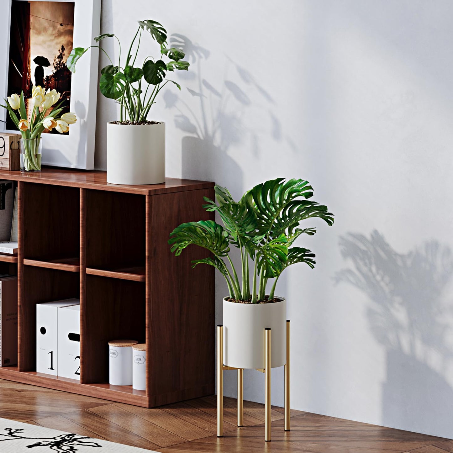 Rioneta Metal Plant Pot with Adjustable Stand, Mid Century Modern Planter Holder Capacity of 160LB for 8 to 14 Inch, Living Room Garden Bedroom Office Indoor Outdoor Beige & Golden