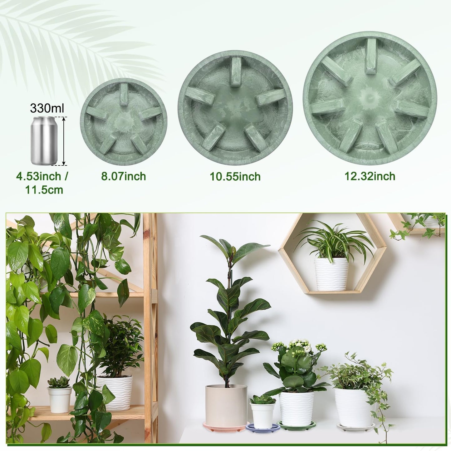 M METERXITY 2-Pack Plant Saucer, 6.3 Inch/16 cm Plastic Plant Trays Thicker for Pots/Indoor/Outdoor/Water Drainage and Protection, Flowerpot Drip Tray [Green Veins]