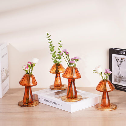 NiHome Mushroom Glass Planter with Wooden Base Set of 4, Cute Indoor Greenery Plant Propagation Stations,High Borosilicate Glass Mushroom Gifts Vases for Flowers,Hydroponics & Home Decor (Brown)