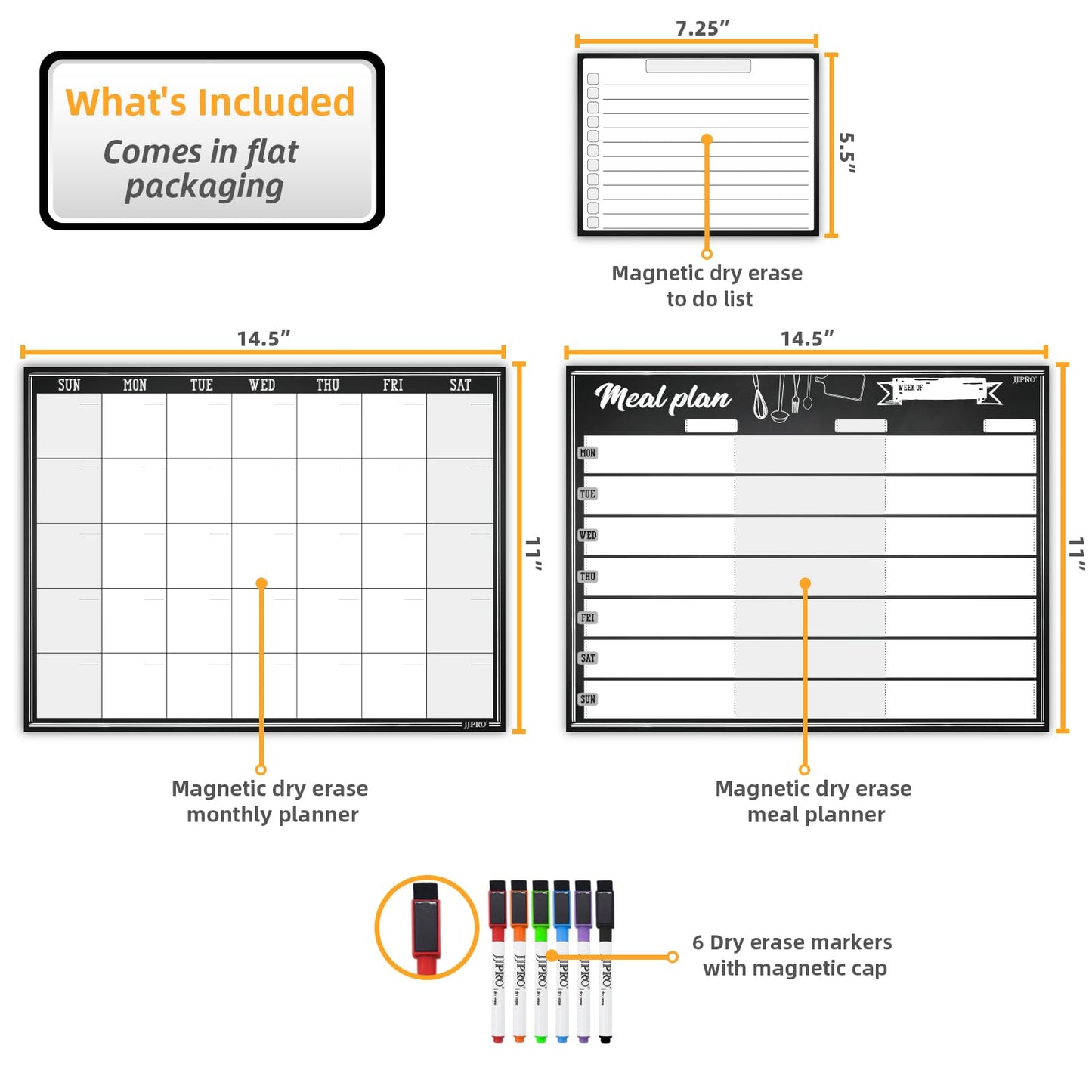JJPRO Magnetic Monthly Calendar and Meal Planning Board Set for Fridge-Dry Erase Monthly Calendar for Refrigerator, Menu Whiteboard -Bonus to-do Notepad