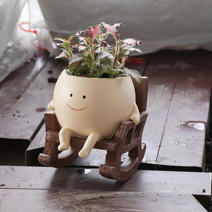 QIAOLY Rocking Chair Face Resin Planter Pot with Drainage Cute Flower Pots for Succulents Plants Live Indoor Outdoor Planters for Houseplants Gift Small (Small)