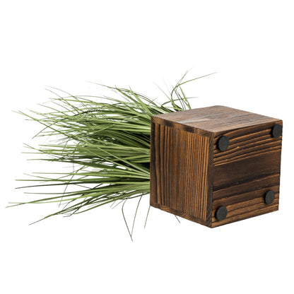 MyGift Artificial Green Grass Plants Trio in Rustic Burnt Solid Wood Planter Boxes, Faux Greenery in Decorative 4 Inch Square Wooden Containers, Set of 3