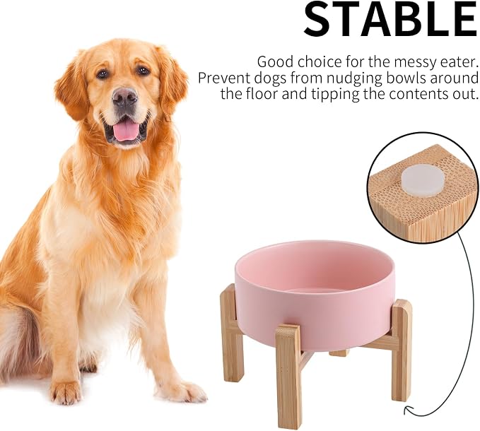 Pink Raised/Elevated Ceramic Dog Bowl for Small Medium Sized Breeds,Dog Food Water Bowl with Stand,6 in Non Slip Heavy Pet Feeding Dish 3.6 Cups/ 850 ml /28 OZ
