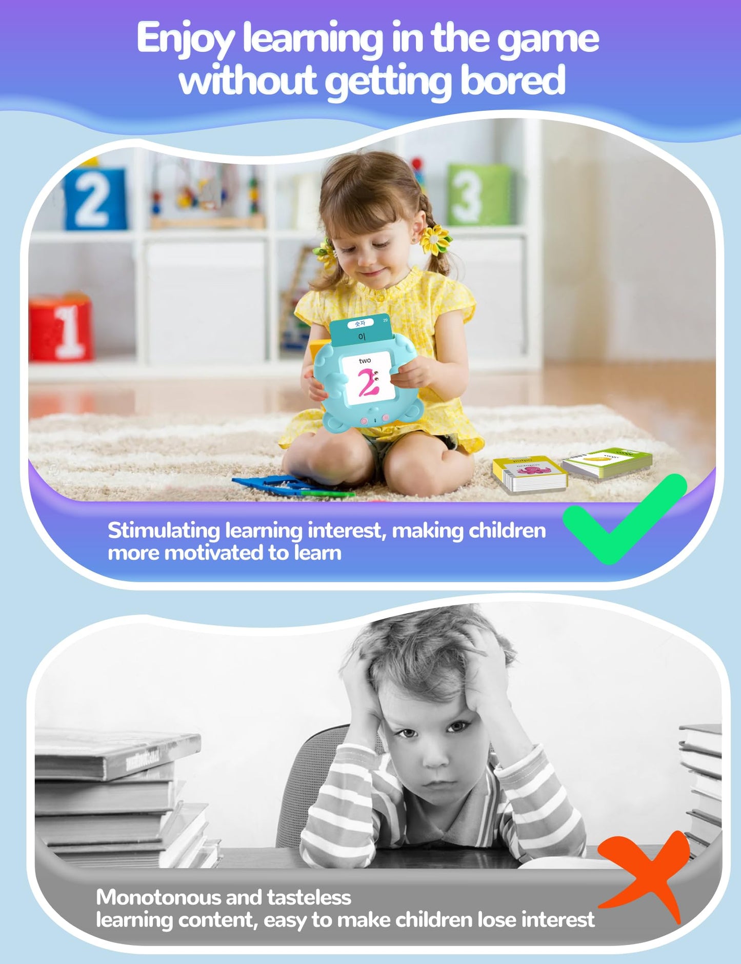 Korean and English Talking Flash Cards for Toddlers, 510 Sight Words Bilingual Learning Toys for Children, Autism Pocket Speech Therapy Toys, Korean Vocabulary Educational Flashcards