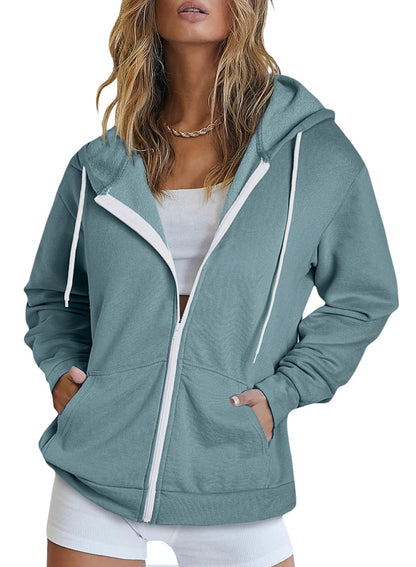 Dokotoo Women's Fall Solid Full Zip Up Hoodie Long Sleeve Oversized Hooded Ladies Sweatshirts Pockets Jacket Coat for Women Teen Girls 2024 Fashion Casual Sky Blue X-Large