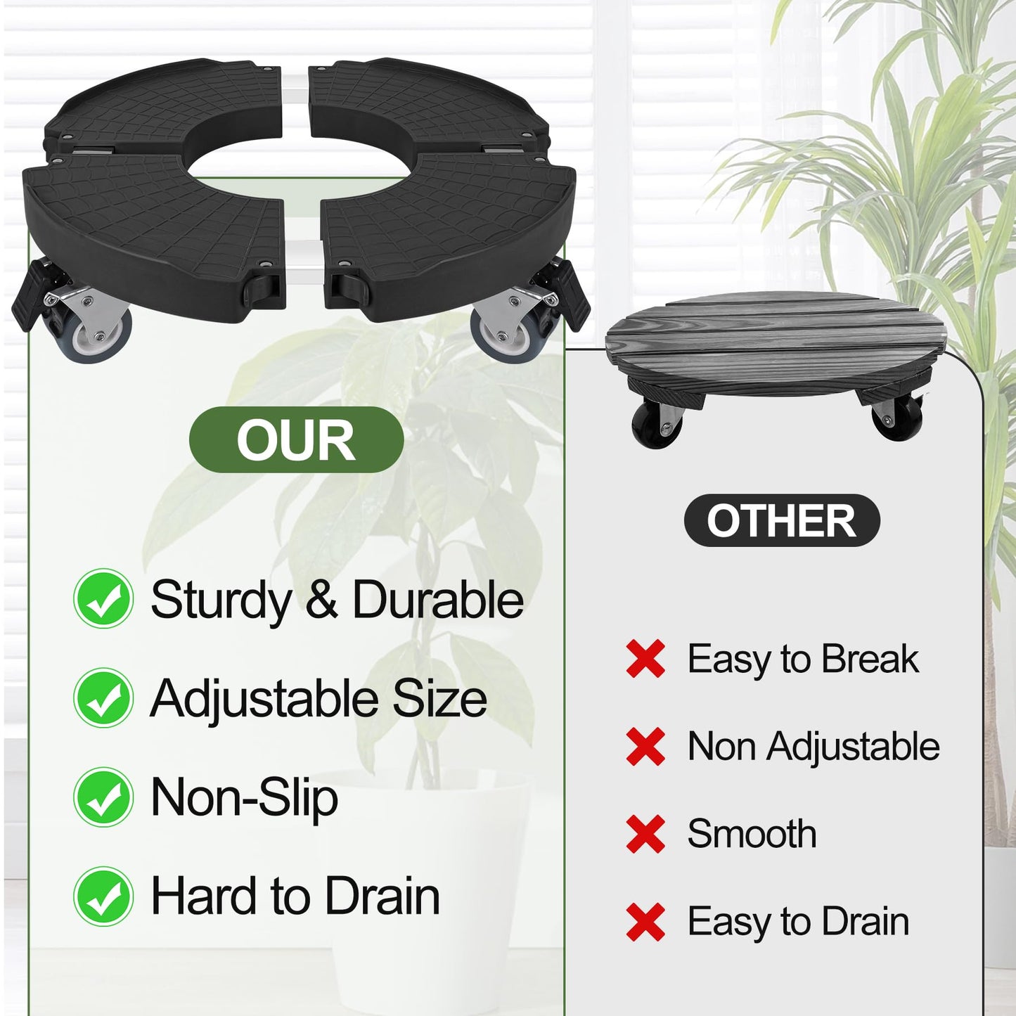 Plant Caddy Stand with 360° Wheels Adjustable 15-22 Inch Rolling Plant Stand Heavy Duty Large Plant Cart Dolly with Casters 440lbs Capacity for Large Planter, Garden Pot, Flower Pot, Black, 1 Pack