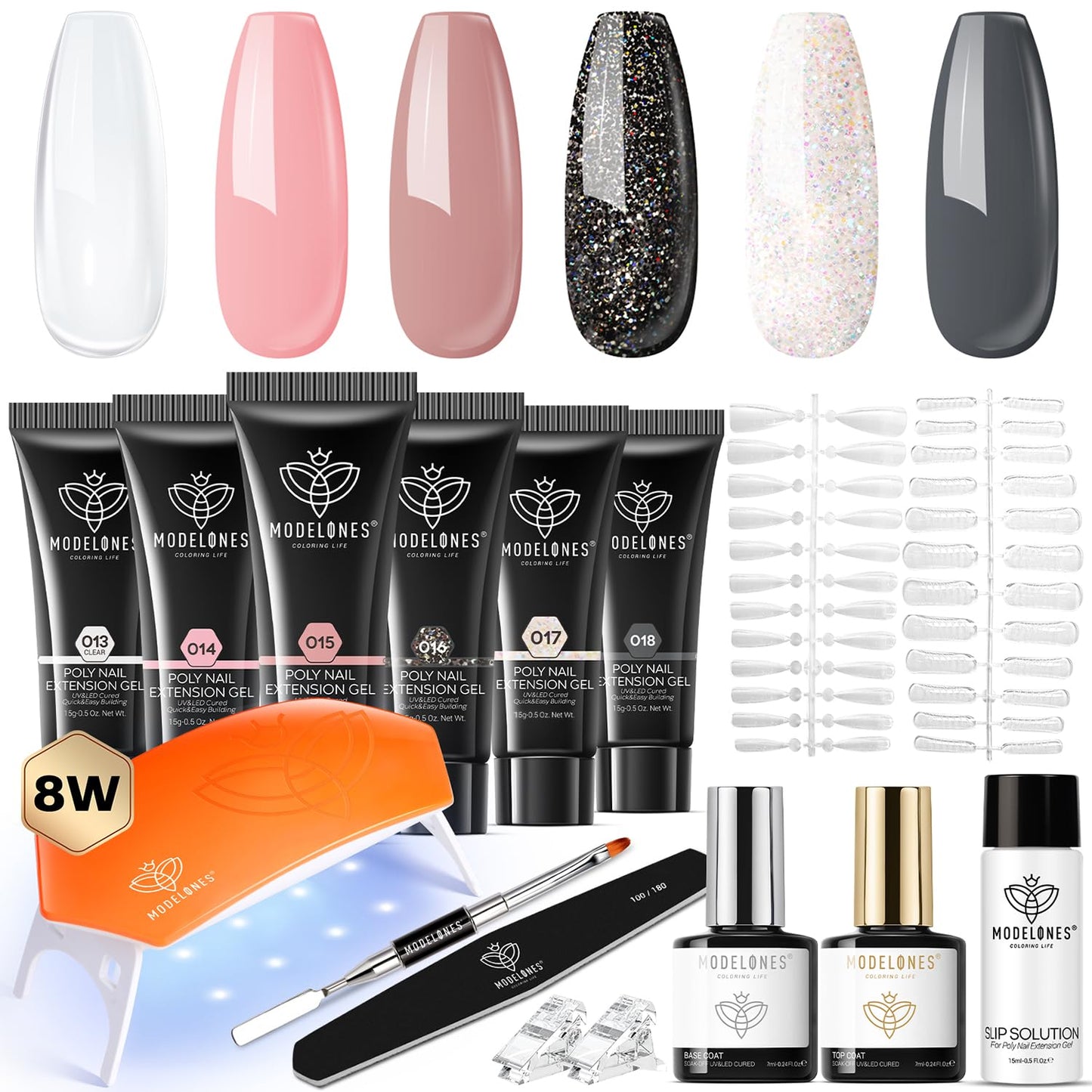 modelones Poly Gel Nail Kit 6 Colors with 8 W Nail Lamp Extension Gel Kit Jelly Milky White Pink Nude Complete Tools Beginner Thickening Solutions DIY at Home for Women