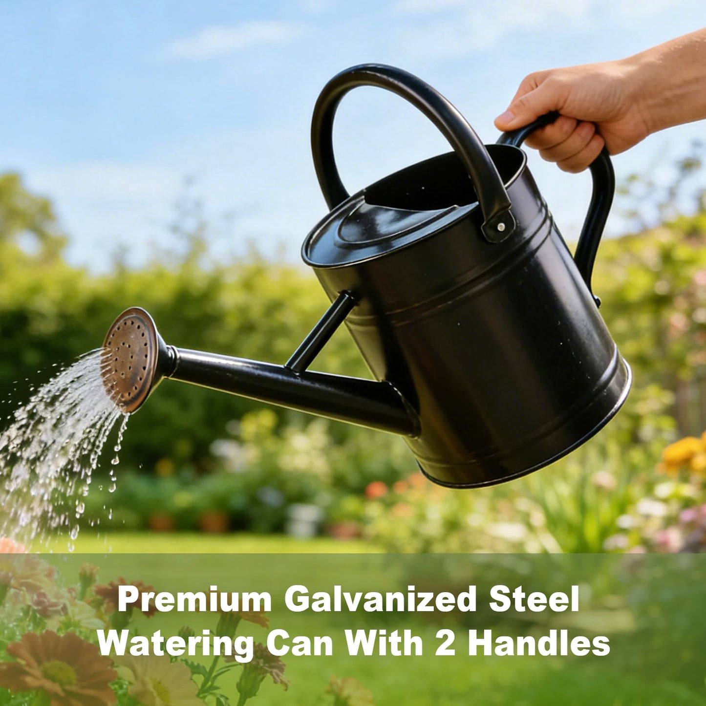 Watering Can for Outdoor&Indoor Plants，1 Gallon Metal Watering Can with with Removable Spout，Galvanized Steel Garden Flower Water Can Plant Watering Pot with 2 Handles，Black