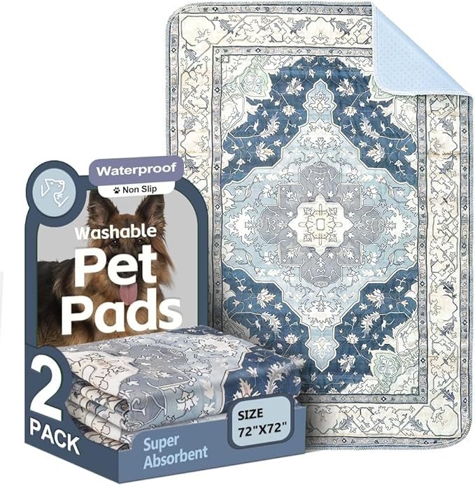 Washable Pee Pads for Dogs, 2 Pack Reusable Puppy Training Pads 72"x72" Super Absorbent Waterproof Dog Training Pads, Non-Slip Potty Pads, Whelping Pads Litter Mat Navy & Ecru