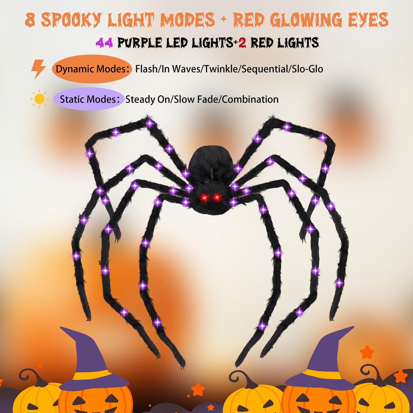 BUFANYU Halloween Decorations Giant Spider - Large Light Up Spider 78IN 44 Purple Lights & 2 Red Eyes, Bendable Metal Legs, 8 Light Modes - Halloween Decor for Outdoor Yard Party Haunted House