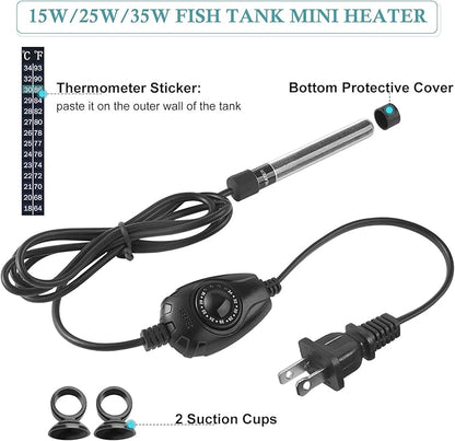 HITOP 25W Super Mini Aquarium Heater: Adjustable Heater for Small Fish Tank 2-6Gallons, with External Controller, Betta Heater for Fish Bowls (25W)