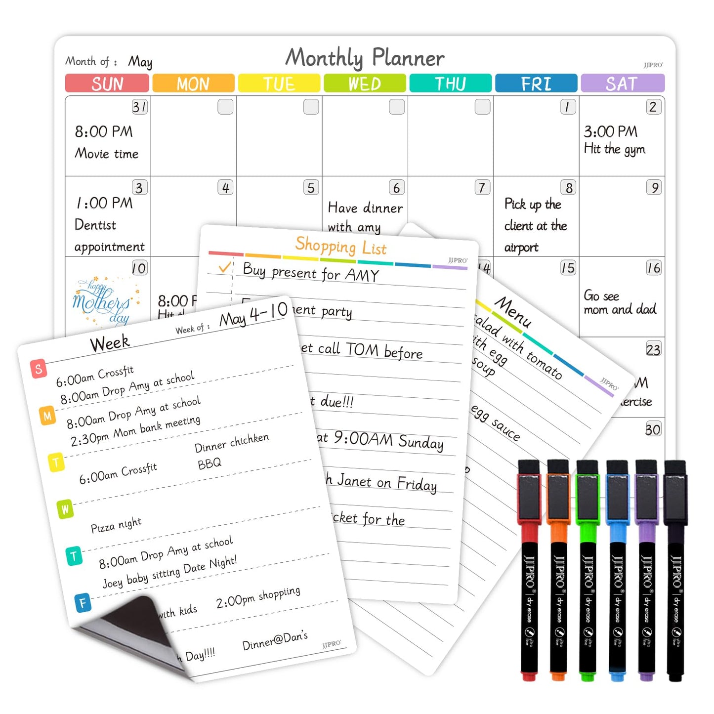 JJPRO Magnetic Monthly Calendar Whiteboard Set for Refrigerator-Monthly Planning Board, Weekly Menu Planner and to Do List for Fridge with 6 Markers-14.5" x11