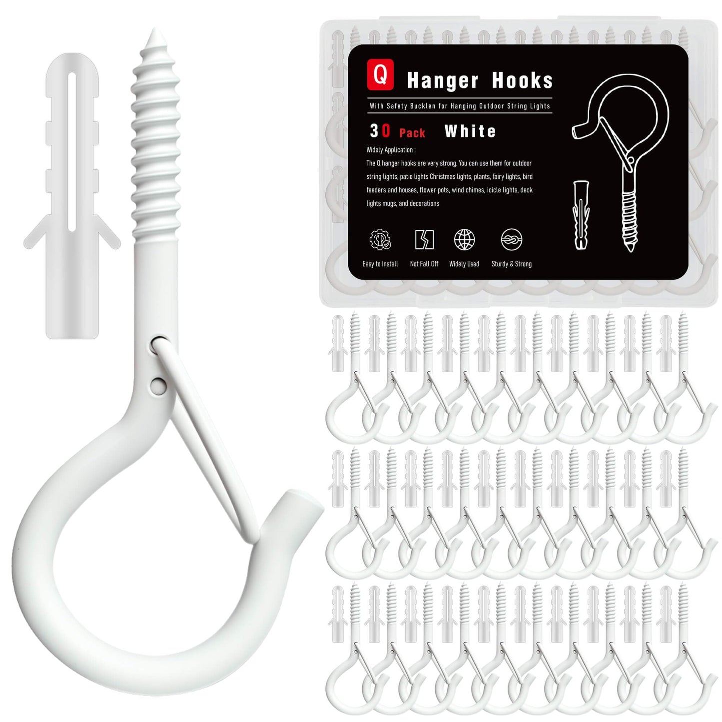 KULOLO Black Screw Hooks with Safety Lock 2.3" Rustproof Metal Ceiling Hooks for Hanging Plants, Baskets,String Lights & Outdoor Decor, 40LB Capacity (30, White)