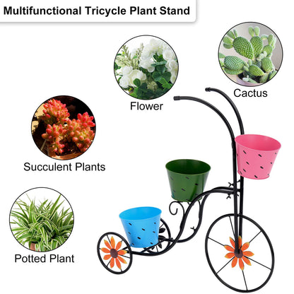 LEWIS&WAYNE Metal Tricycle Planter, 3 Tier Floral Flower Plant Stand Holder Hand Painted Outdoor Garden Patio Decor