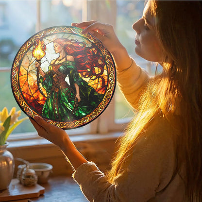 Greatingreat Stained Glass Window Hanging Brigid Goddess, Home Room Decor 7.8 Inch Sun Catchers Indoor Window, Whimsical Decor for Christmas Birthday Gifts for Women