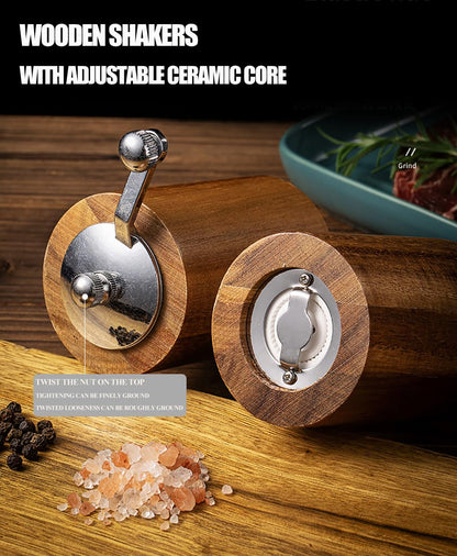 Acacia Wood Salt and Pepper Grinder Mills Sets,Wooden Shakers with Adjustable Ceramic Core,Classic Manual Salt Grinder Refillable Pepper Mill Set with a Gear Crank System for kitchen Spice