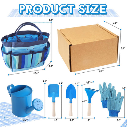 Kids Gardening Tools Set, Toddler Play Kit Child Outdoor Toy with Gloves, Watering Can, Metal Shovel, Rake, Spade & Storage Bag, Backyard Sand Digging Holiday Birthday Gift for Boy Girl 3 4 5 (Blue)