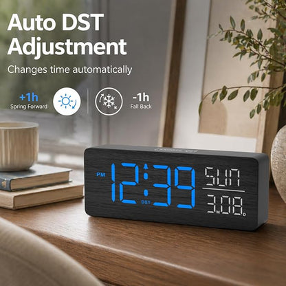 Peakeep Wooden Digital Alarm Clock Large Display, Textured Decoration for Bedroom, Living Room, Plug in Clock with Time Date Day, 5 Brightness, Auto DST