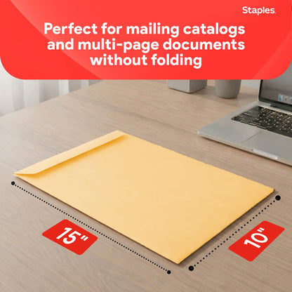 Staples 10 x 15 Clasp Catalog Envelopes, Brown Kraft, Gummed Seal with Metal Clasp, Heavy‑Duty Mailing Envelopes for Documents, 100/Pack