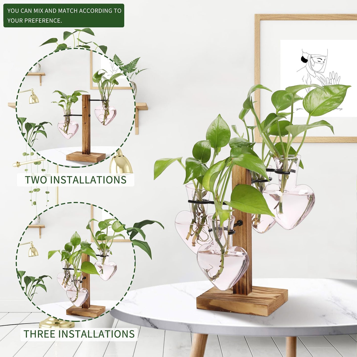 CYZglass Plant Terrarium Propagation Stations with Wooden Stand, Glass Vase for Indoor Hydroponics Home Garden Office Decoration Gift for Women - 4 Love Bulb Vase
