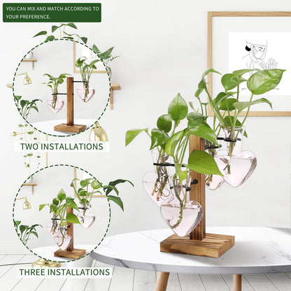 CYZglass Plant Terrarium Propagation Stations with Wooden Stand, Glass Vase for Indoor Hydroponics Home Garden Office Decoration Gift for Women - 4 Love Bulb Vase
