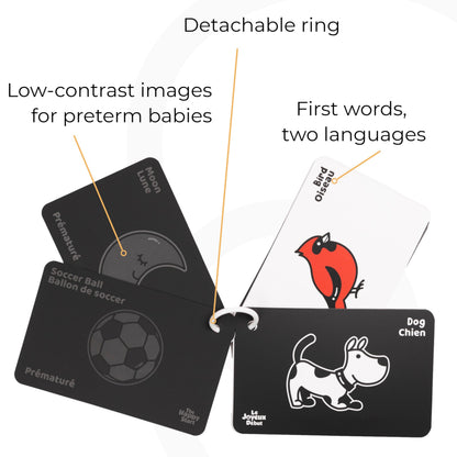 Happy Start High Contrast Baby Cards for Newborns - Black & White Cards, Water-Resistant, BPA-Free, Portable Educational Flashcards for Visual Stimulation, Award-Winning, Ages 0+(English & French)