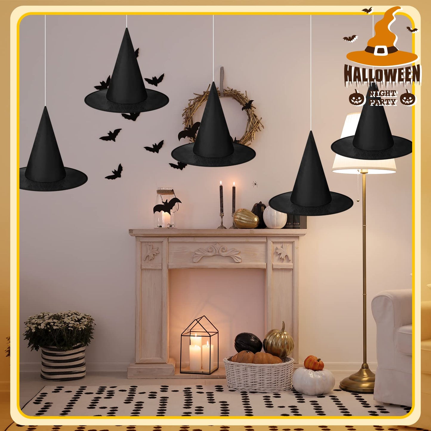 SATINIOR 12 Pcs Halloween Witch Hat Hanging Decor Floating Witch Hat with Rope Accessory and Transparent Seamless Hooks (Classic)