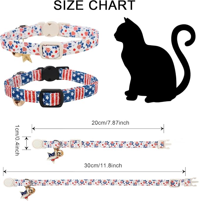 2 Pack Independence Kitten Collar Breakaway with Bell, Adjustable Safety Striped Star Flag Cat Cotton Collar for Girl Boy Cat and Small Pet，Adjustable Kitten Collar 7-12 Inch