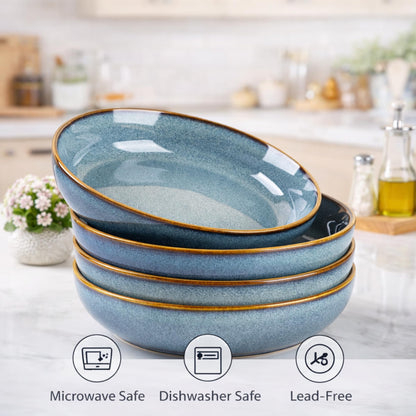 GBhome 8.75'' Large Ceramic Pasta Bowls, 38oz Stoneware Pasta Serving Bowls Set of 4 for Kitchen, Wide Bowls for Fruit,Pasta,Salad,Oatmeal,Meal, Microwave Safe, Reactive Glaze-Space Blue