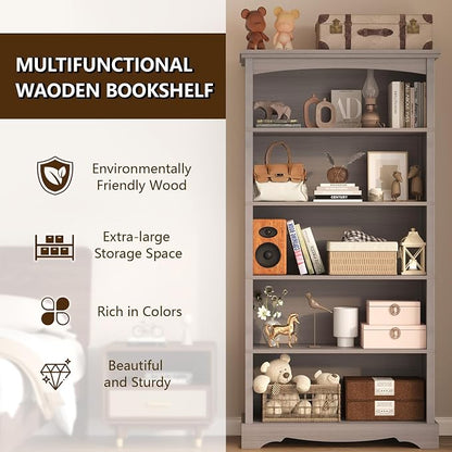 TVU 5-Tier Wooden Bookshelf, 65 Inch Tall Bookshelf with Storage, Floor Standing Modern Style Display Bookcase for Living Room, Office, Study Room, Entryway, Grey