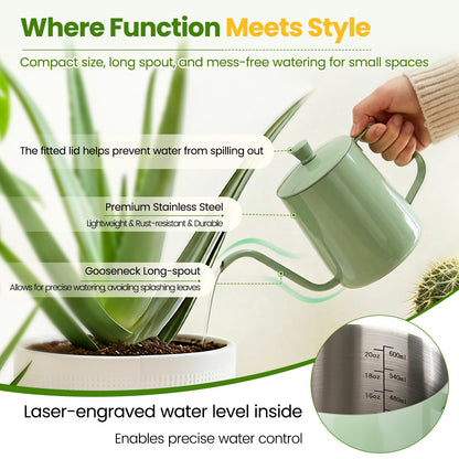 Sincengel Watering Can for Indoor Plants, 20 oz Metal Small Plant Watering Can with Long Spout for House Plants, 13.5 oz Glass Plant Mister Spray Bottle for Bonsai Garden Flowers Decorative (Green)