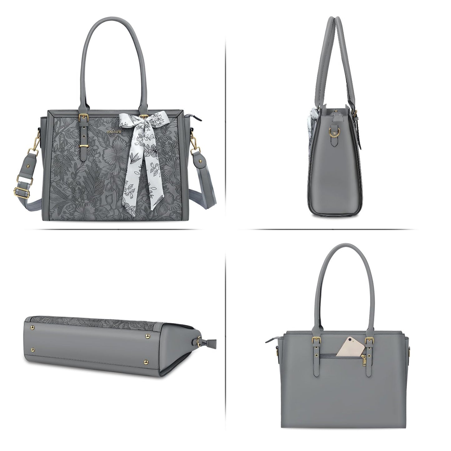MOSISO Laptop Bag for Women, 17-17.3 inch PU Leather Tote Bag Compatible with MacBook, HP, Dell, Asus Notebook, Front Embossed Retro Hibiscus Computer Bags with Silk Scarf&Clutch Purse, Gray