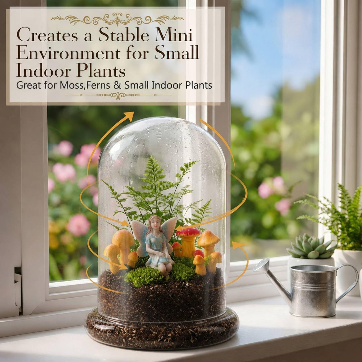 Hushee 5 Pcs 8.2'' x 5.9'' Glass Plant Dome with Mushroom & Fairy Figurines Decorative Humidity Glass Cloche with Base for Indoor Plants Succulents, Miniature Garden Decor for Tabletop - No Plants