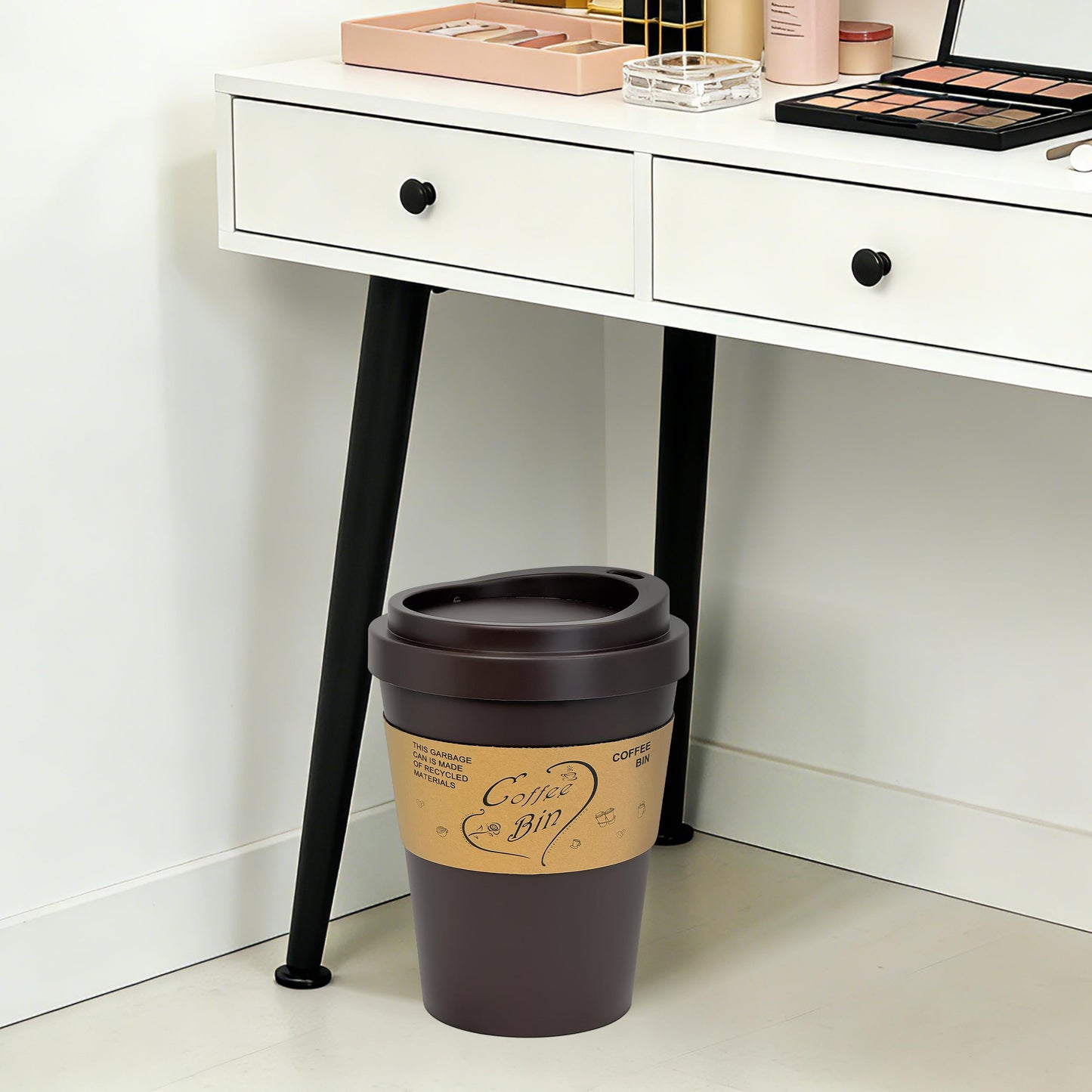Soddeph 3.4 Gallon Large Trash Can with Swing Lid, Plastic Waste Bin with Lid, Garbage Can for Kitchen, Bathroom, Office，9.3″ × 6.5″ × 13.2″ (Brown)