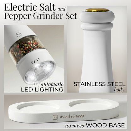 Electric Salt and Pepper Grinder Set - Styled Settings White Electric Salt and Pepper Shakers, Automatic Stainless Steel Set with LED Light, Battery Operated, Adjustable Coarseness, Wood Base
