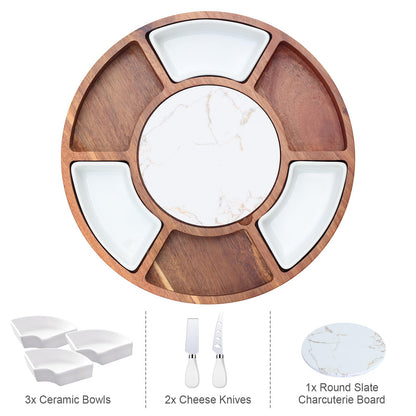 360° Rotating Lazy Susan Cheese & Charcuterie Board Set - 13.5" Acacia with Built-in Slate Chiller, 3 Ceramic Bowls & 2 Cheese Knives - Housewarming, Birthday & Wedding Gift