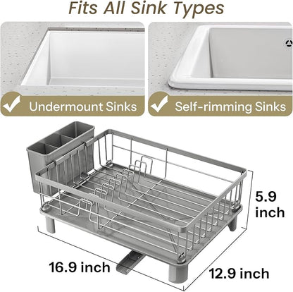 SNTD Dish Drying Rack - Small Dish Rack for Kitchen Counter, Stainless Steel Dish Drainer with Utensil Holder and Drainboard, 12.9" W x 16.9" L (Grey)