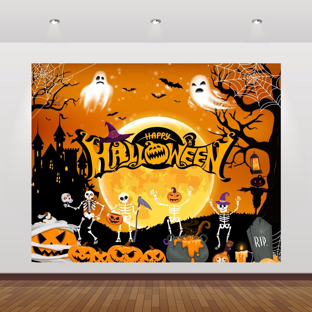 Halloween Backdrop 10x8ft Orange Happy Halloween Banner Decorations Moon Scary Castle Ghost Pumpkin Lantern Backdrops Large Halloween Background for Photobooth Props