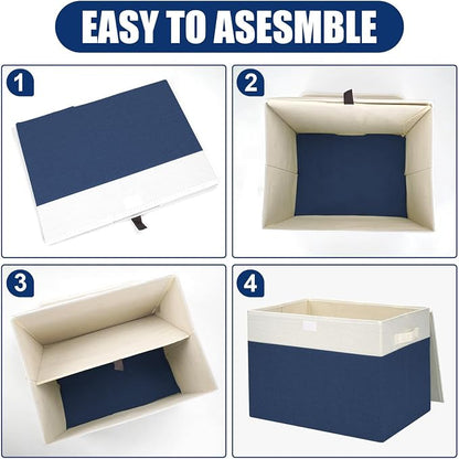 Bagnizer Large 42 Quarts Fabric Storage Bins with Lids [2-Pack] Linen Collapsible Foldable Baskets, Closet Organizer Containers boxes with Handles for Home Office (16.7 x 12 x 12, Navy Blue & White)