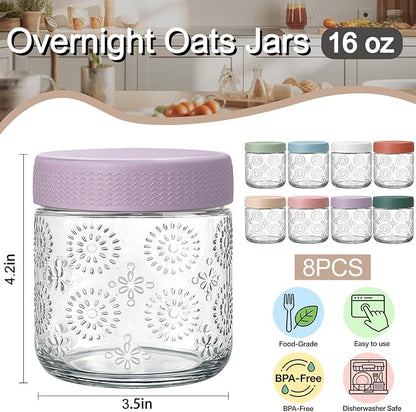 8 pack 16 oz Overnight Oats Containers with Lids, Glass Food Storage Container, Salad Jars, Mason Jars for Overnight Oats, Yogurt, Oatmeal, Salad, Coffee, Spices