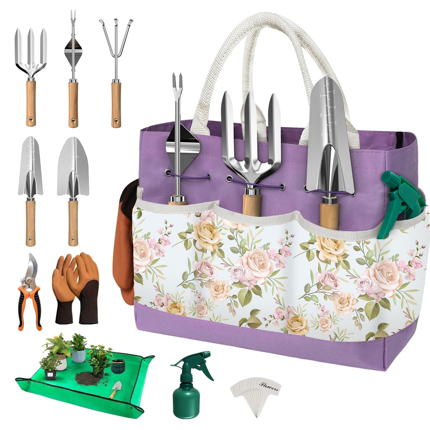 22Pcs Gardening Tools Set for Women Heavy Duty Garden Hand Tool Kit,Birthday Gifts for Mom Wife Grandma Beginner Gardening Accessories with Large Tote Bag/Shovel/Repotting Mat/Plant Labels/Gloves