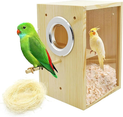 Vertical Parakeet Nesting Box,Transparent Bird Nesting Box Natural Wood Parakeet House for Cage Clear Acrylic Budgie Breeding Nest for Lovebird,Cockatiel,Parrot,Budgie,Conure,Finch