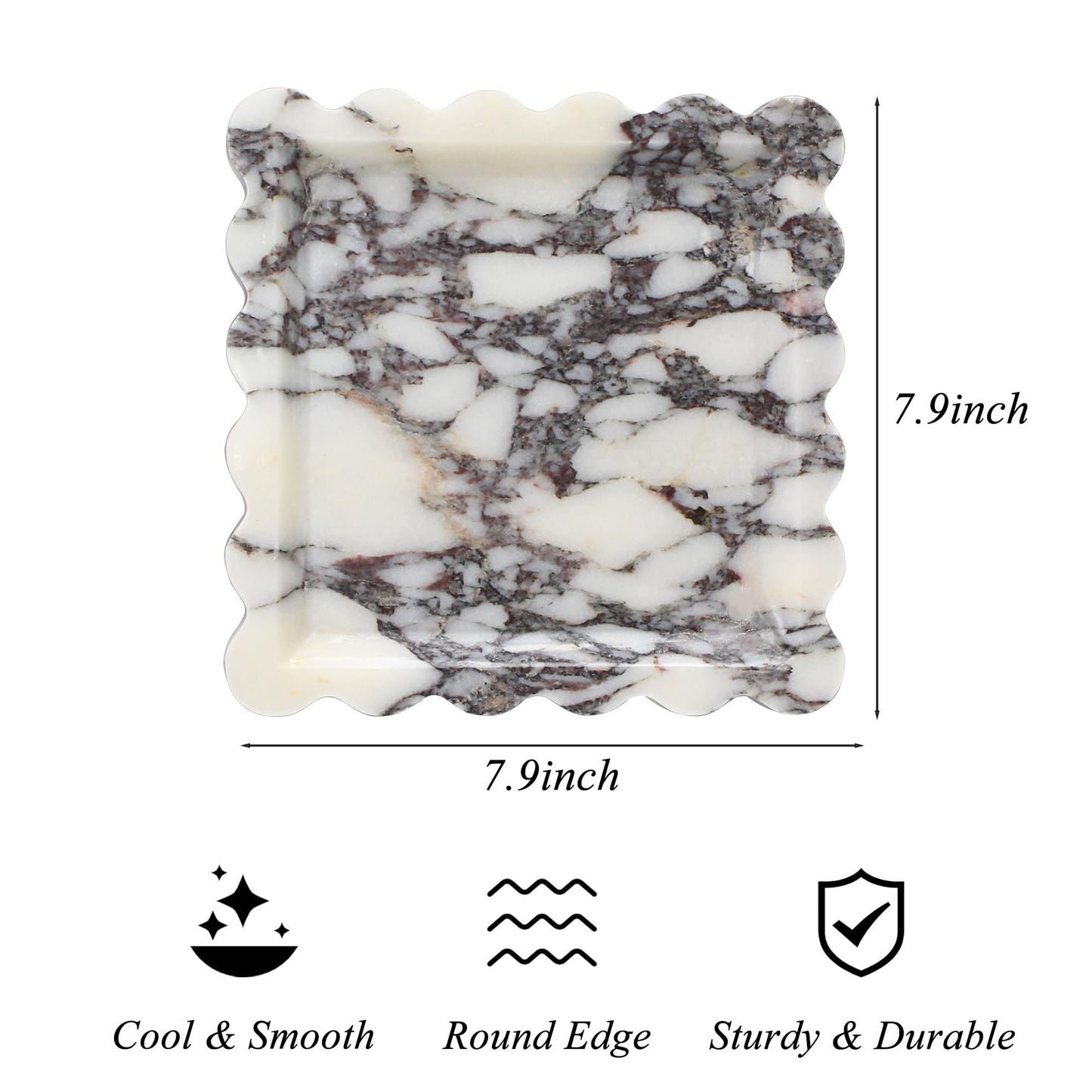 Square Marble Vanity Tray with Scalloped Edge - Natural Marble Perfume Tray Decor for Dresser, Vanity, Kitchen, Home Decor, Decorative Square Stone Tray - Calacatta Viola 8 * 8 inch