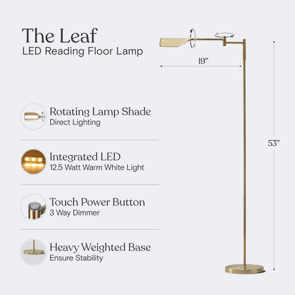Brightech Leaf Pharmacy LED Reading Lamp, Dimmable Floor Lamp with Easy Rotation over Chair or Desk for Living Rooms & Offices, Adjustable Standing Tall Lamp, For Sewing & Crafts, Antique Brass (Gold)