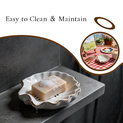Shell Soap Dish,Ceramic Soap Dishes for Bar Soap – Decorative Bathroom Accessory with Gold Trim, Non-Slip Design, Easy to Clean, Ideal for Shower, Vanity, and Kitchen Sink Use