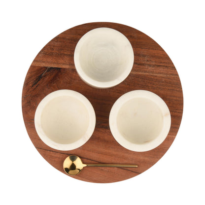 Cruiser’s Caché 3 Piece White Marble Salt and Spice Cellar or Dipping Bowls with Wood Tray and Gold Spoons
