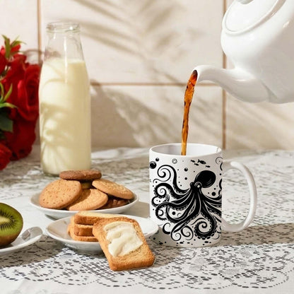 15 oz White & Black Boho Ceramic Coffee Mug with Octopus Art - Comes with a Gift Card - Unique Novelty and Cool Mugs for Men and Women, Ocean Themed Decor and Fun Gifts