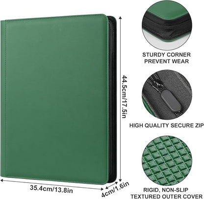 GEAoffice 16 Pocket Trading Card Binder for 1000+ Cards, Ringless Side-Loading 4x4 Card Binder with Zipper Closure, PU Leather 1024 Card Binder for MTG/TCG/Baseball/Sports&Game Cards, Green