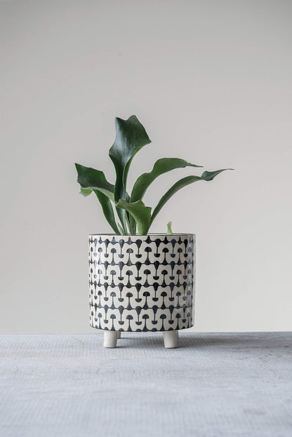 Creative Co-Op Round Stoneware Planters with Geometric Prints, Black and White