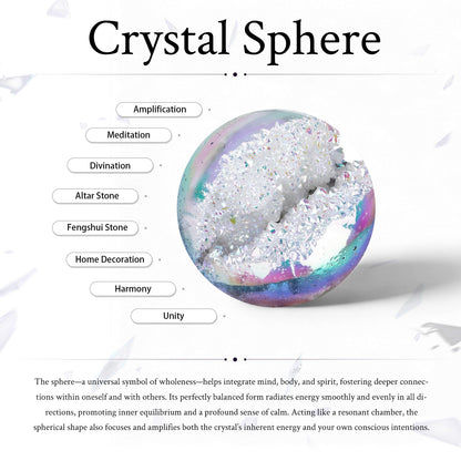 Sportmusies Titanium Coated Rock Crystal Geode Ball with Wooden Stand, Druzy Quartz Stone Cluster Sphere Reiki Home Office Decoration, Angel Aura